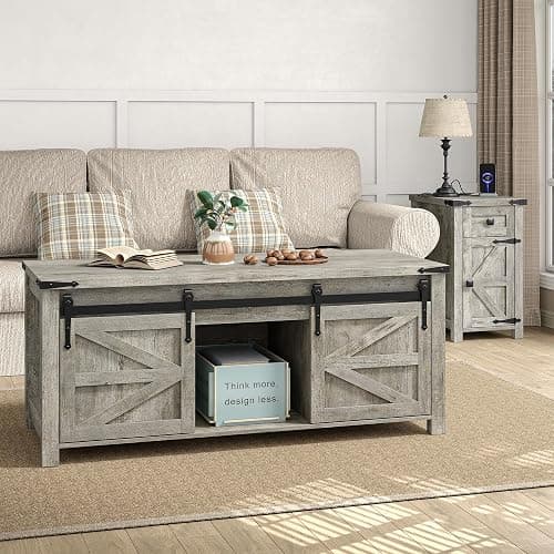 Furnihold Farmhouse Nightstand Set of 2, 13.8''W Rustic Wood End Table with Charging Station, Narrow Side Table with Storage Drawer for Living Room Bedroom, Oak Grey thumbnail 5