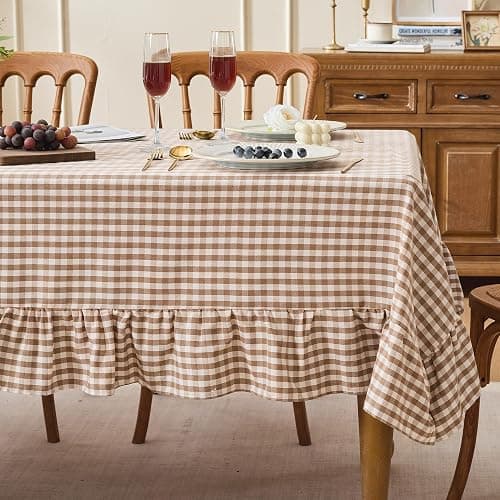 Fiokle Gingham Ruffled Tablecloth Rectangle Cotton Style, Taupe 52x70 | Farmhouse Checkered Table Cloth, Washable Shrinkle & Wrinkle Free Plaid Table Cover for Dinner, Holiday, Party - Image 1