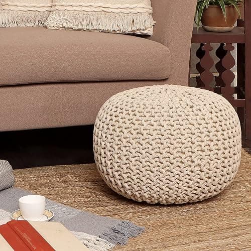 REDEARTH Round Pouf Ottoman - Cable Knitted Boho Poof - Home Décor Cord Pouffe Handmade Circular Footrest for Living Room - Bedroom - Kids Bedroom - 100% Cotton Pouf (18" x 18" x 14") - Ivory thumbnail 2