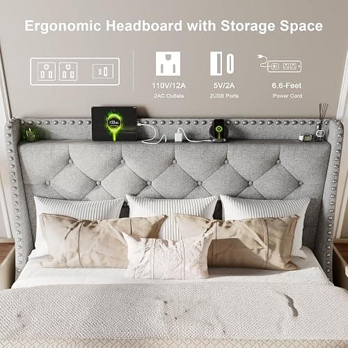 Feonase Queen Bed Frame with Luxury Wingback Upholstered Button Tufted Storage Headboard, Queen Platform Bed with Charging Station, Sturdy Wooden Slats Support, Noise-Free, Easy Assembly, Light Gray - Light Gray - Queen thumbnail 3