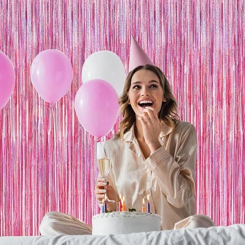 2 Pack Glitter Pink Backdrop, 3.28 FT x 7.05 FT Birthday Party Decorations, Laser Pink Fringe Curtains Foil Streamer Tinsel, Pink Curtains Photo Backdrop Happy Birthday Backdrop thumbnail 2