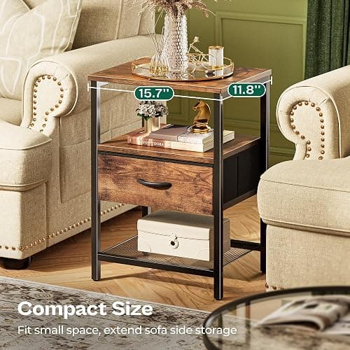 Huuger Nightstand Set of 2, Night Stand with Fabric Drawer, Mesh Shelf, Side Table with Storage, Fabric Drawer Dresser, Open Shelf, Metal Frame, Bedroom, Rustic Brown - 2 - Rustic Brown thumbnail 5