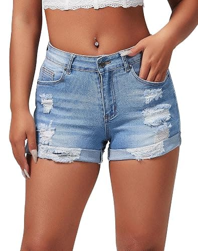 roswear Women's Summer Mid Rise Ripped Denim Shorts Stretchy Butt Lifting Jean Shorts - Image 1