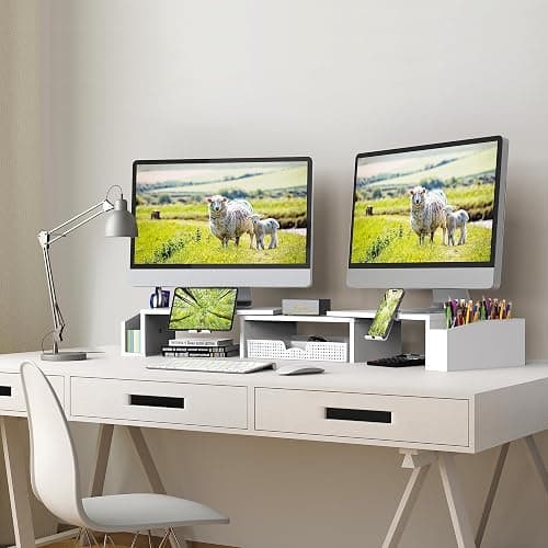 Simple Houseware Desk Dual Monitor Stand Riser with Drawer, White thumbnail 2