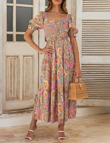 ZESICA Women's 2025 Summer Boho Floral Print Square Neck Ruffle Swing Beach Long Maxi Dress thumbnail 5