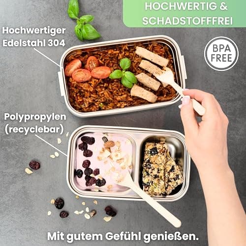 FRADABOX® Bento Lunchbox „Taylor“, 2 Etagen mit Fächern, Premium Edelstahl, BPA-freie Brotdose mit Besteck ideal für unterwegs, Meal Prep Bento Box für Erwachsene auslaufsicher und mikrowellengeeignet thumbnail 4
