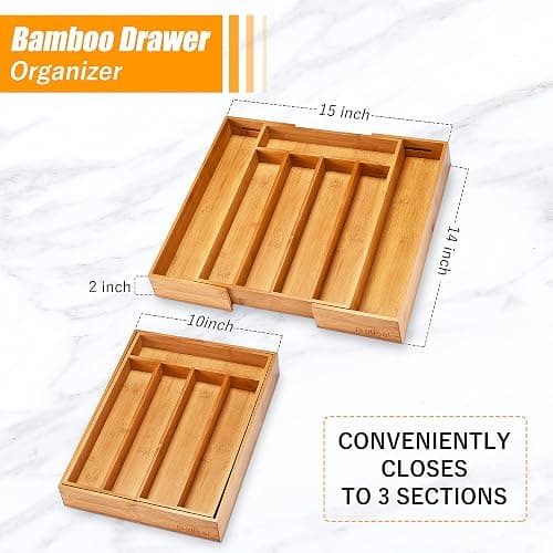 Bellsal Silverware Organizer Kitchen Drawer Organizer Expandable Bamboo Utensil Holder Cutlery Tray for Kitchen Utensil and Flatware Bedroom Office - Nature - 7 Slots Expandable thumbnail 2