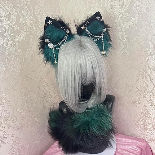 Cat Fox Wolf Ears and Tail Set - Plush Cosplay Clips Headband and Tail for Halloween, Costume Accessories,Gothic Punk 02ALL thumbnail 4