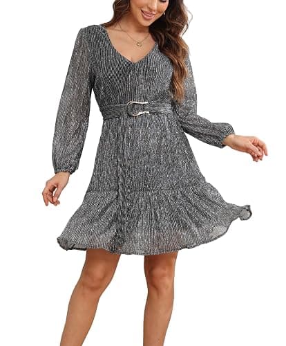 NERLEROLIAN Woman Shiny Threads Dress Long Sleeve Lined with Belt V Neck Mini Pleated Dress thumbnail 3