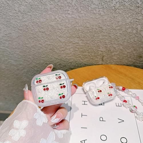 JANDM 3D Cherry Case with Keychain for AirPods 4, Clear Diamonds Aesthetic Shockproof Cover with Cute Pearl Strap for Women Girls Protective Cover thumbnail 4