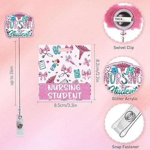 Pink Bow Nursing Student Badge Reel with Badge Buddy for Nursing Students | Retractable id holder with swivel clip, and patterned role card with bold medical graphics thumbnail 3