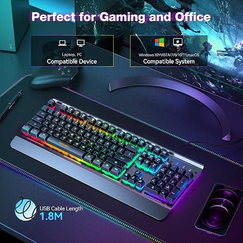 TECKNET Gaming Keyboard, USB Wired Computer Keyboard, 15-Zone RGB Illumination, IP32 Water Resistance, 25 Anti-ghosting Keys, All-Metal Panel (Whisper Quiet Gaming Switch) thumbnail 5