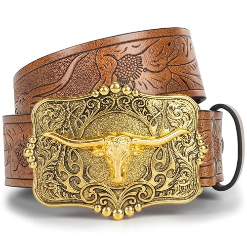 Mawjom Western Cowboy PU Leather Belt - Men Waist Strap Bull Decoration Floral Engraved for Jeans 25" to 38" Waist thumbnail 8