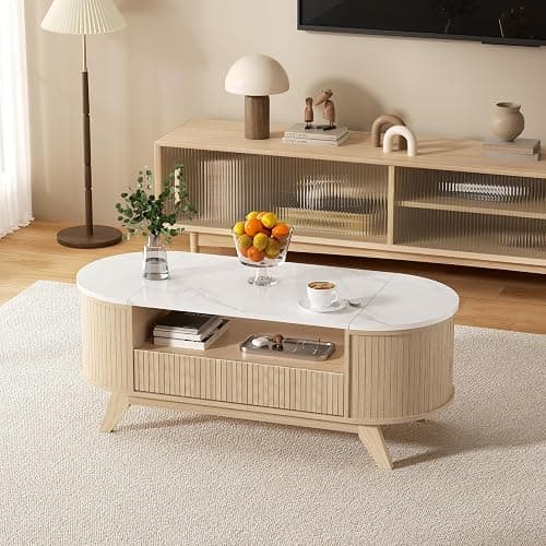 Coffee Table with Storage, Mid Century Modern Center Table for Living Room, Oval Fluted Coffee Table with Hidden Storage Space, Open Shelf & Drawer, Natural Wood thumbnail 9