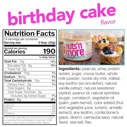 Nuts ‘N More Birthday Cake Peanut Butter Spread - High Protein, Low Carb, Low Sugar, Gluten Free, Non-GMO, All-Natural Nut Butter Snack (15oz Jar) thumbnail 2