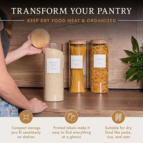Livabl Set of 3 Glass Pantry Storage Containers with Lids- 12 Pantry Labels– (70oz) Glass Canisters with bamboo lids-Perfect Rice, Cereal, Flour, Pasta, Oats, food storage -Airtight-kitchen canisters thumbnail 4