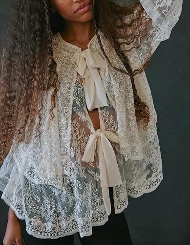 Women Sheer Lace Off The Shoulder Tops Lantern Long Sleeve Tiered Lacy Tops Loose See-Through Blouses thumbnail 6