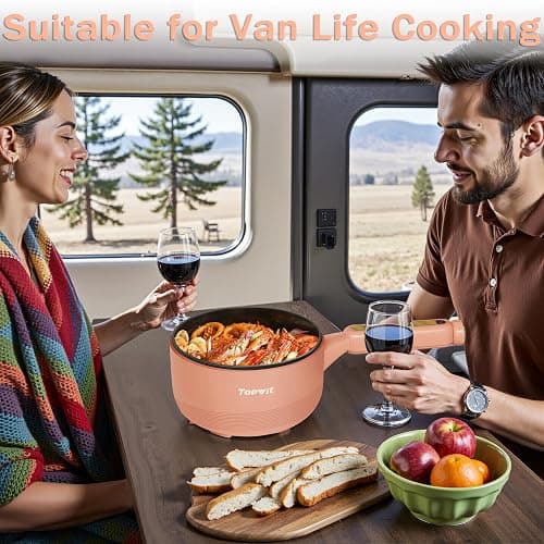 TOPWIT Hot Pot Electric, 𝟐𝐋 Electric Pot, Portable Non-Stick Portable Cooker, Sauté Pan for Steak, Egg, Fried Rice, Ramen, Soup with Dual Power Control (Silicone Spatula Included), Peach thumbnail 2