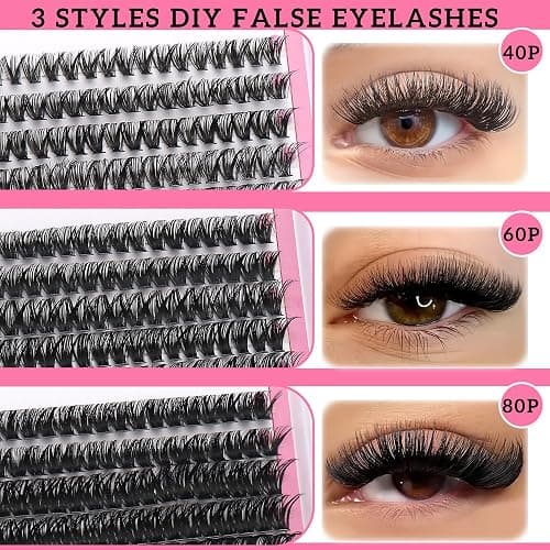 YIDUO 3 Styles Lashes Cluster Kit 720Pcs Eyelash Extensions Kit 40P+60P+80P 8-18mm D Curl Volume False Eyelashes DIY Individual Wispy Fake Eye Lashes Combo Packs with Bond&Seal |Tweezers | Removers thumbnail 3