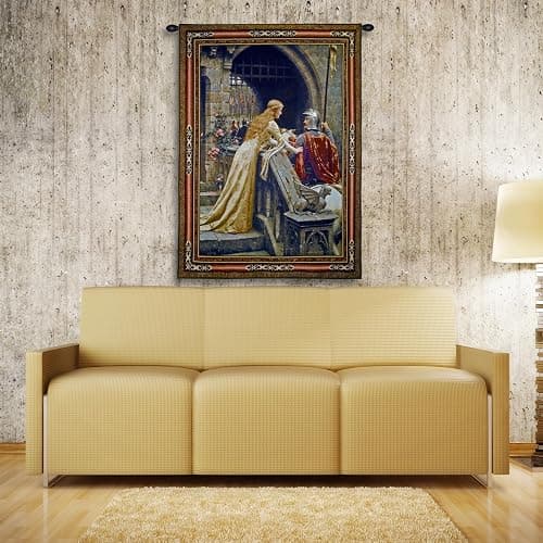 Godspeed Edmund Blair Leighton | Woven Tapestry Wall Art Hanging | Medieval Lady with Arthurian Knight | 100% Cotton USA Size 40x31 thumbnail 2