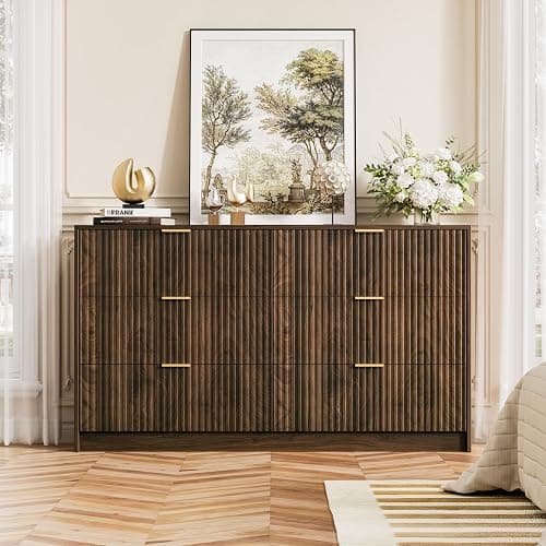 Furniway Walnut Dresser for Bedroom, Modern Dresser with 6 Drawers and Smooth Slides, Wide Chest of Drawers with Golden Handles for Bedroom, Living Room, Closet, 15.7" D x 55.1" W x 31.4" H thumbnail 5
