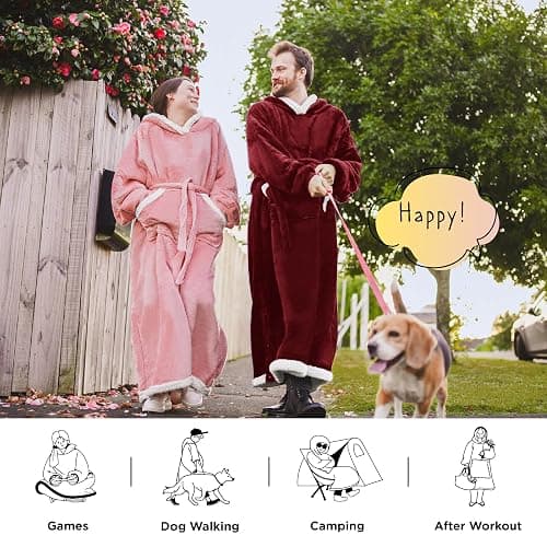 Bedsure Wearable Blanket Hoodie, Long Hooded Blanket Sweatshirt as Christmas Birthday Gifts for Men, Cozy Sherpa Hoodie for Adult, Oversize, Burgundy thumbnail 5