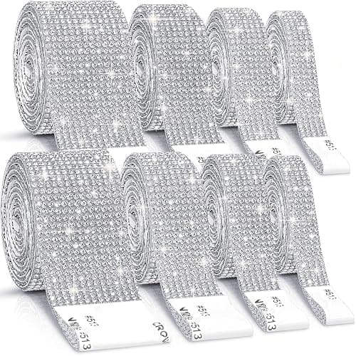 8 Rolls Rhinestone Ribbons,Cludoo 8 Yard Silver Self Adhesive Rhinestone Ribbon, Bling Crystal Diamond Ribbon Roll Wrap Glittering Rhinestones Sticker for Decoration Car DIY Arts Crafts Wedding - Image 1