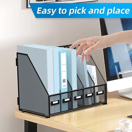 SUPEASY Desk Organizers Metal Desk Magazine File Holder with 5 Vertical Compartments Rack File Organizer for Office Desktop, Home Workspace, Black thumbnail 7