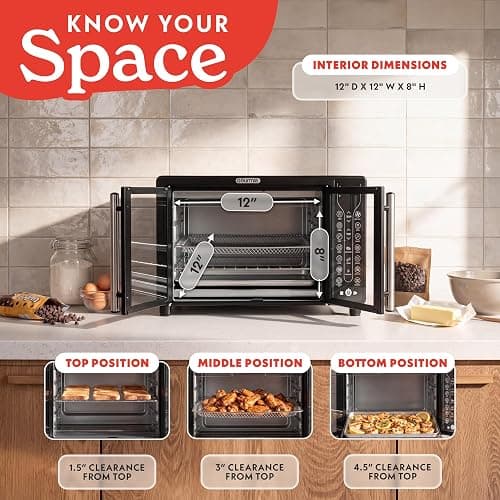 Gourmia Toaster Oven - 6-Slice Capacity, Digital Display, Black | French Door Design Air Fryer Combo, 17 Cooking Presets, Adjustable Time & Temperature, FryForce 360°, Dishwasher-Safe Trays thumbnail 12