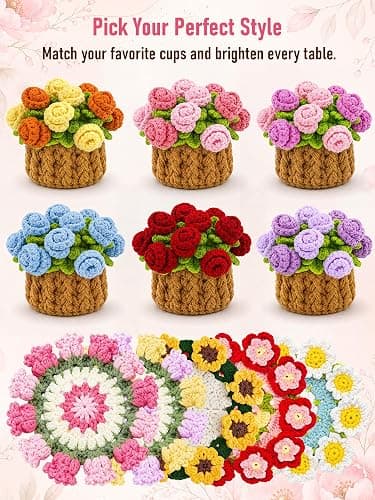 KQJS Crochet Flower Bouquet Coasters, Cotton Rose Gifts for Home Decor 1Pc | Purple Flower Blanket Bouquet Decorations for Living Room Desk, Cute Gifts for Mothers Day, Birthday, Christmas, Thank You thumbnail 9