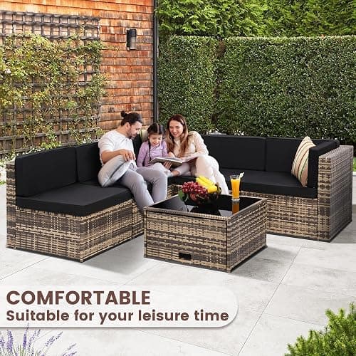 KROFEM 8-Piece Patio Furniture Set, Outdoor Wicker Rattan Sectional with Thick Cushions, Glass Top Table with Hidden Storage, Outdoor Conversation Set for Backyard, Porch, Patio, Black thumbnail 4