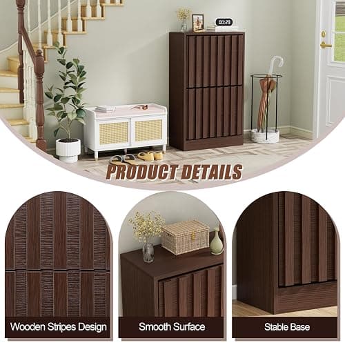 UEV Slim Wooden Shoe Storage Cabinet with 2 Flip Drawers, Modern Narrow Shoe Storage Unit with Ventilated Design, Space-Saving Entryway Shoe Rack, Walnut thumbnail 6