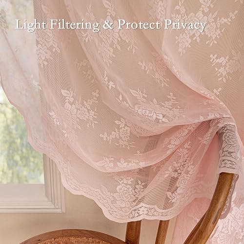MEETSKY Pink Lace Curtains 63 Inch Length, Sheer Pink Curtain for Girls Room, Floral Vintage Light Filtering Short Curtains for Bedroom Princess Room, Lace Drapes 2 Panels, Each Panel 50W x 63L thumbnail 4