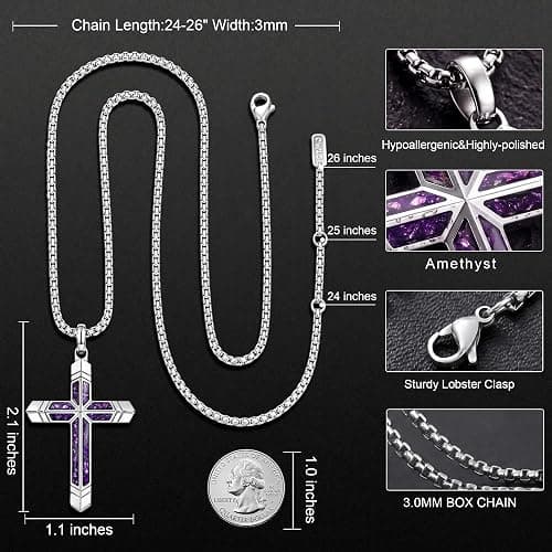GTMJ Amethyst Cross Necklace for Men with Adjustable Box Chain For Everyday Wear Christian Men's Cross Necklace Jewelry Gifts thumbnail 4