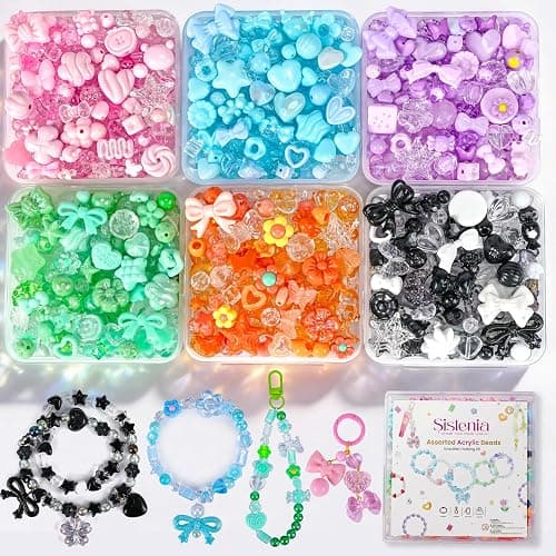 Sistenia 480PCS Acrylic Beads for Bracelet Making Kit with String, 6 Colors Assorted Cute Beads Bracelet Charms for Jewelry Making, Kawaii Bow Star Flower Shape for DIY Keychain Bag Necklace Charms - Image 1