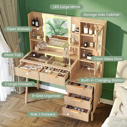 Fkhouse Fluted Makeup Vanity with Mirror and Lights,5 Drawers Glass Top Vanity Desk with Glass Door Cabinet,Power Outlet,6 Shelves,9-Grid Organizer,Lighting Adjustable Dressing Table,Natural Oak thumbnail 3