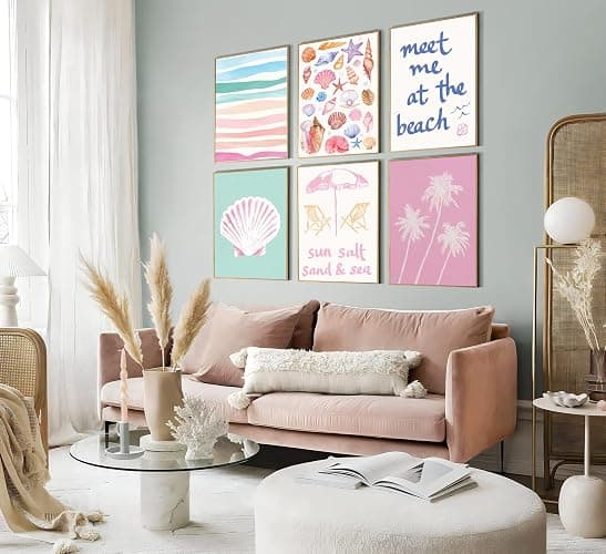 6Pcs Pink Beach Preppy Canvas Wall Art Colorful Coastal Seashell Picture Wall Decor Seaside Beachy Palm Tree Aesthetic Posters Cute Summer Ocean Painting Print Artwork for Girls Bedroom Dorm Apartment thumbnail 6