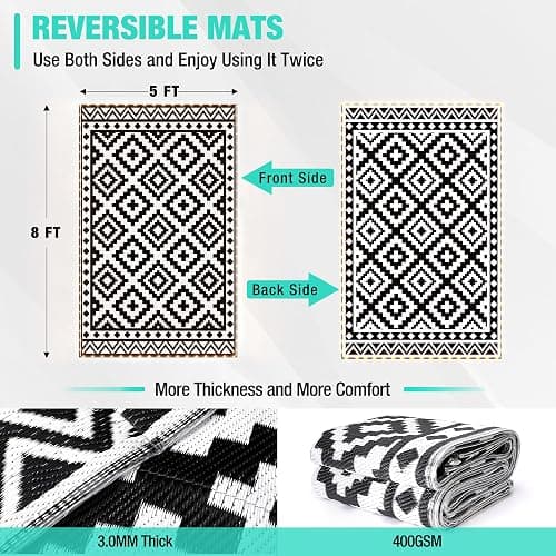 HAUSHOF 5'X8' Outdoor Rug Waterproof with LED Strip Light, Reversible Outdoor Plastic Straw Rug, Patio Rug with 4 Rug Stakes, Outdoor Carpet Mat for RV, Camping, Beach, Porch, Balcony, Black&White thumbnail 2