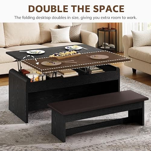 Homiflex Lift Top Coffee Table with Bench, 40 Inch Multi-Function Coffee Tables Set with Hidden Compartment, Curved Profile Design, Converts to Home Office Table, Dining & Center Table for Living Room thumbnail 3