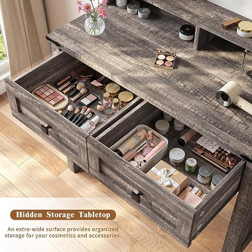 EnHomee Small Vanity Desk with Mirror and Lights, Makeup Vanity with Storage Drawer, Wooden Vanity Desk with Charging Staion for Women's Bedroom, Small Space, Dark Oak thumbnail 3