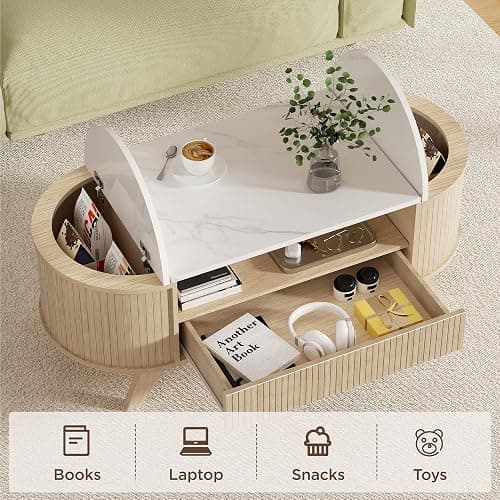 Coffee Table with Storage, Mid Century Modern Center Table for Living Room, Oval Fluted Coffee Table with Hidden Storage Space, Open Shelf & Drawer, Natural Wood thumbnail 3
