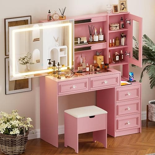 SDMY Vanity Desk with Mirror and Lights, Makeup Vanity Set with 5 Storage Drawers,Power Outlet,Small Dressing Table with Lights 3 Colors,Transparent Top Vanity with Jewelry Organizer for Bedroom,Pink thumbnail 9