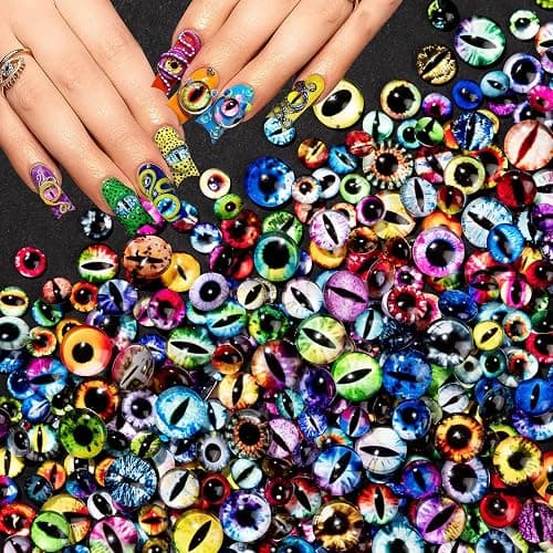 HFKPJRT 150Pcs Eye Nail Charms, 6mm 10mm Eyeball Charms for Nails, Dragon Eye Nail Charms, Animal Eyes Beads Decoration for Acrylic Nails, 3D Glass Eyes for Dolls, Halloween DIY Craft - Image 1