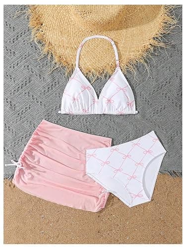 RoseSeek Girl's 3 Piece Cute Bowknot Bathing Suit Halter Triangle High Waisted Swimsuit with Beach Cover Up Skirt thumbnail 5