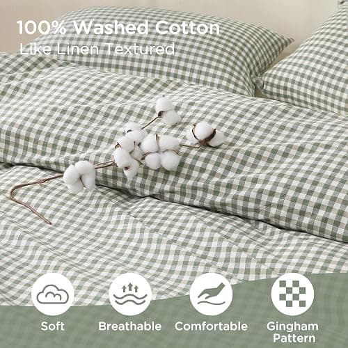TOCOMOA Green Gingham Duvet Cover Bedding Set 100% Washed Cotton Like Linen Feel Super Soft Comfortable 3 Piece Vintage Plaid Checkered Comforter Cover Set (King 104"x90", Comforter Not Included) thumbnail 5
