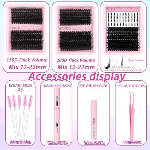 YIDUO 575Pcs Lashes Clusters Kit with Glue and Removers, D Curl Volume 150D+200D Thick+Spiky Lashes Extension, 12-21mm Thick Extension Eyelashes DIY Individual False Eyelash Kit DIY at Home Easily thumbnail 2