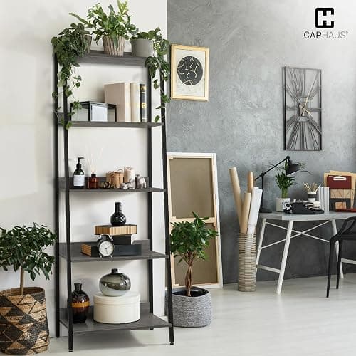 CAPHAUS 5 Tier Ladder Bookshelf, 24 Inch Width Free Standing Shelf, Bookcase Shelf Storage Rack Organizer, Industrial Book Shelves for Home Office, Living Room, Kitchen, Dark Grey, Vintage Shelves thumbnail 4