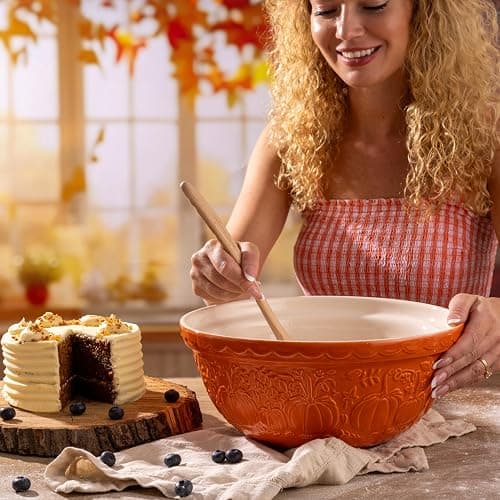 Mason Cash Harvest Pumpkin Mixing Bowl 4 Litre | Embossed Earthenware Baking Bowl Size 12 | Autumn Kitchen Prep Bowl for Dough, Cake Mix & Pastry | Dishwasher Safe thumbnail 2
