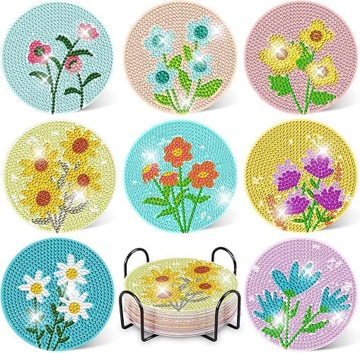 DOTZSO 8 Pcs Diamond Art Coasters Kit with Holder, Diamond Art Kits for Adults Beginners Small Diamond Painting Coasters, Arts and Crafts for Adults Supplies Item Sets (Flower) - Image 1