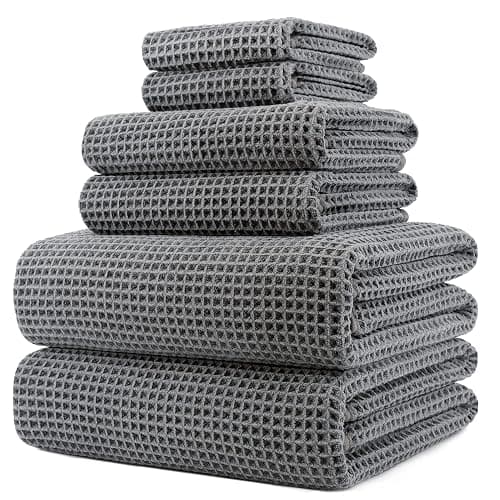 POLYTE 430 GSM Microfiber Quick Dry Lint Free Oversize Bath Towel Set, 6 Piece (Waffle Weave) - Image 1